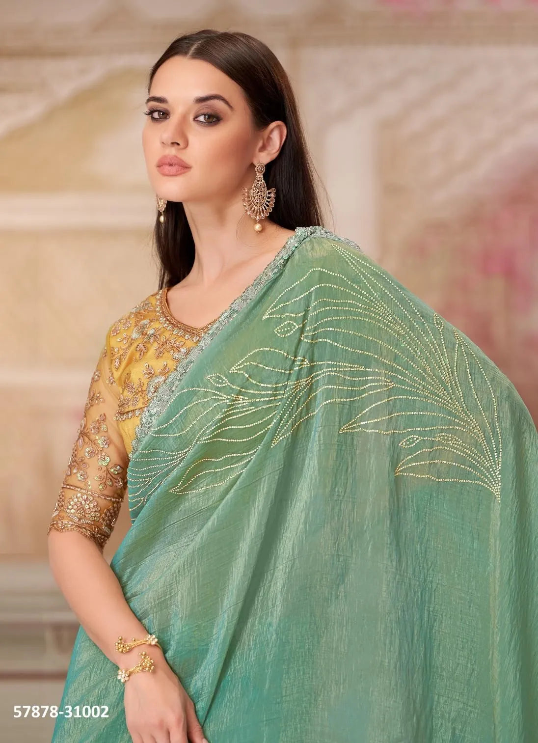 Sage Green Satin Silk Embroidered Party-Wear Boutique-Style Saree