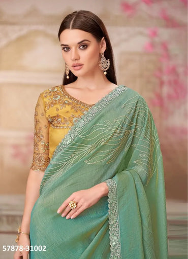 Sage Green Satin Silk Embroidered Party-Wear Boutique-Style Saree