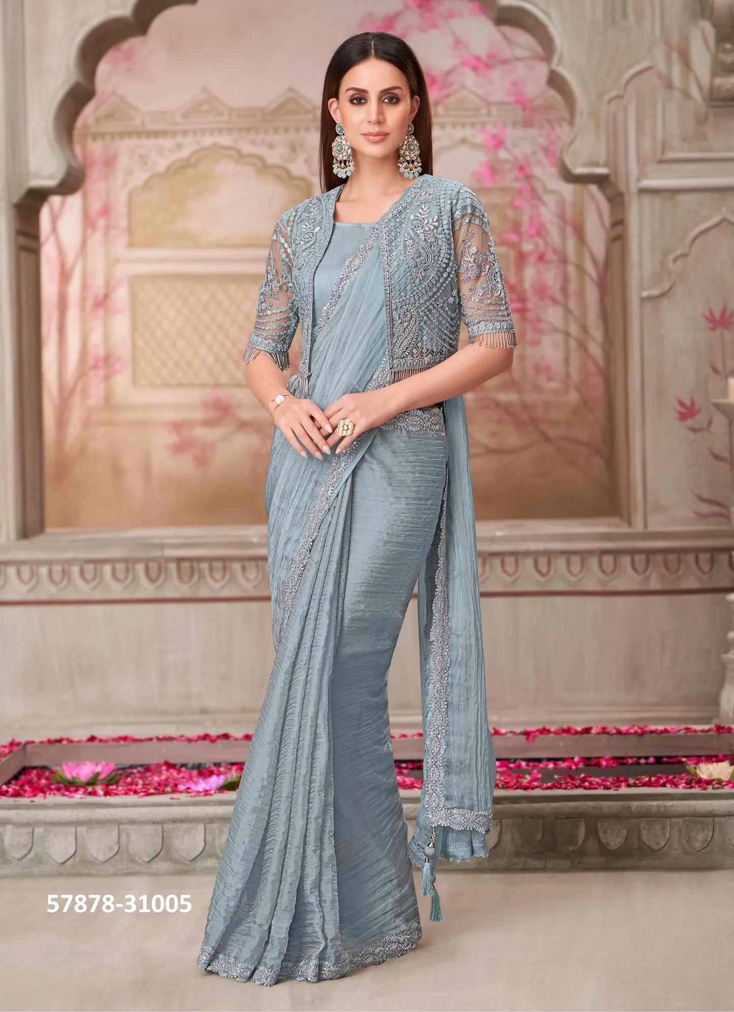 Steel Blue Georgette Embroidered Party-Wear Boutique-Style Saree