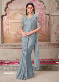 Steel Blue Georgette Embroidered Party-Wear Boutique-Style Saree