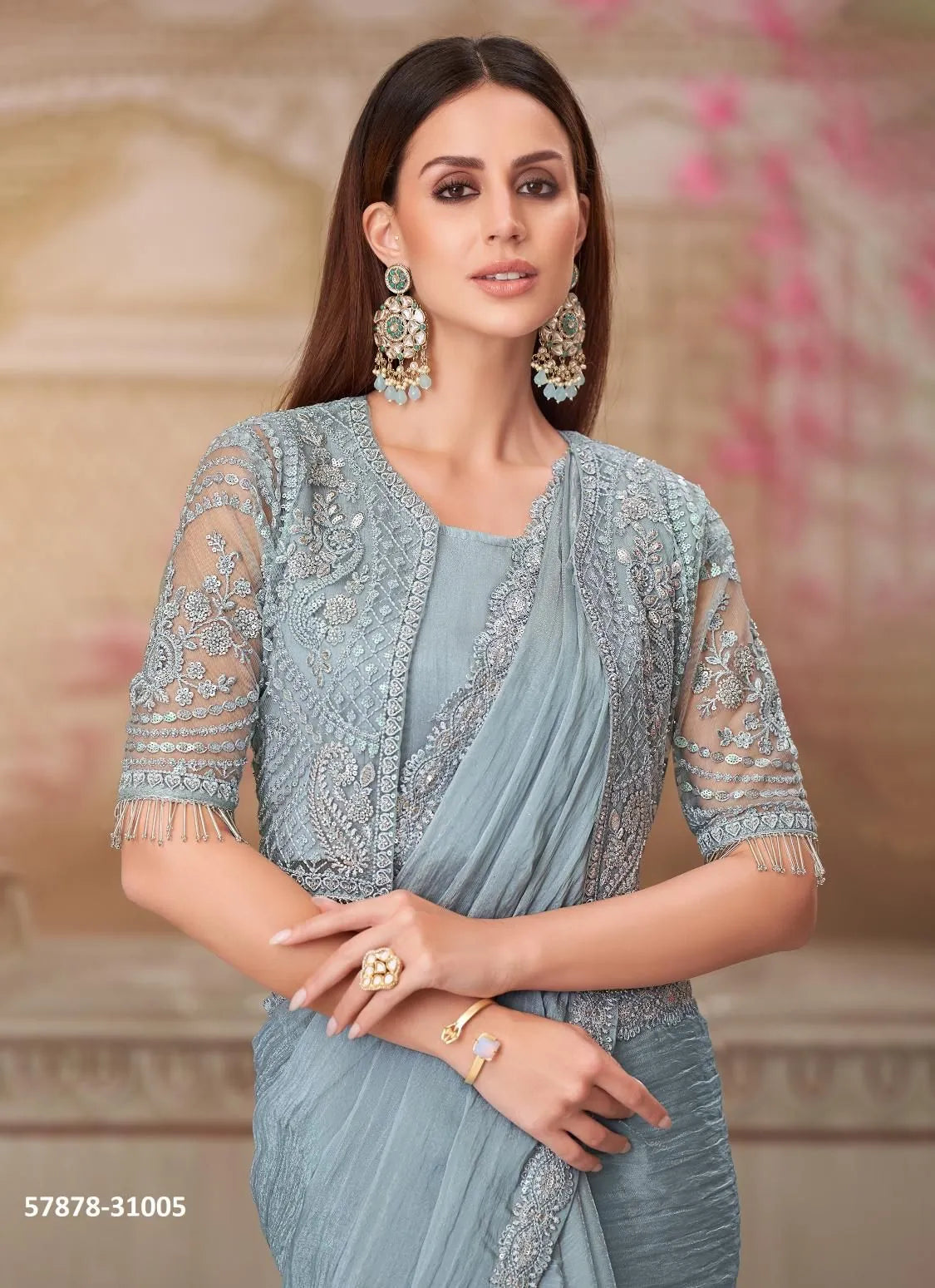 Steel Blue Georgette Embroidered Party-Wear Boutique-Style Saree