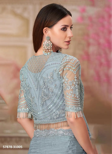 Steel Blue Georgette Embroidered Party-Wear Boutique-Style Saree