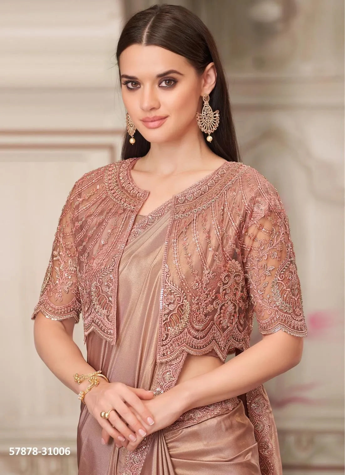 Mauve Satin Silk Embroidered Party-Wear Boutique-Style Saree