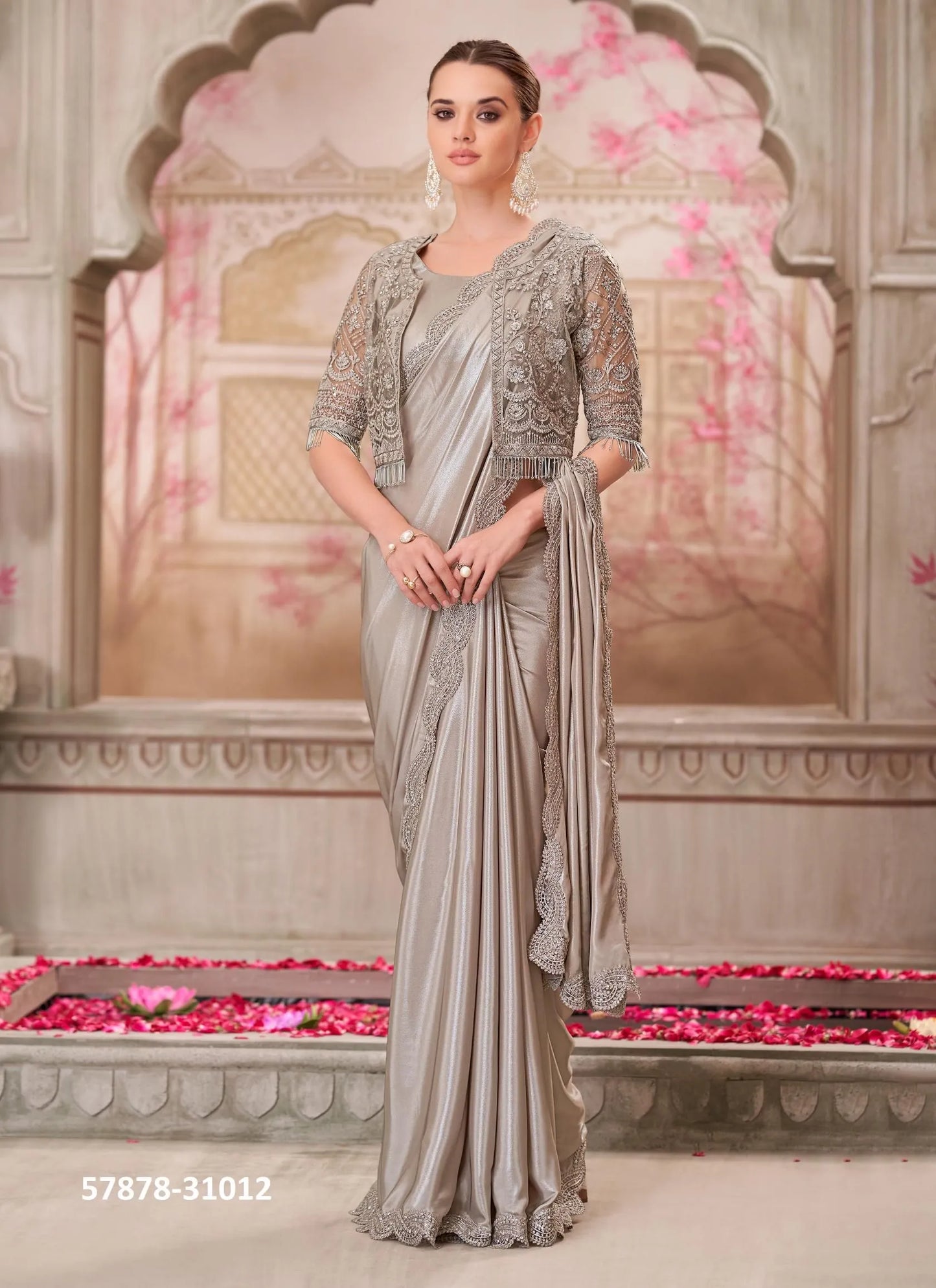 Silver Gray Satin Silk Embroidered Party-Wear Boutique-Style Saree