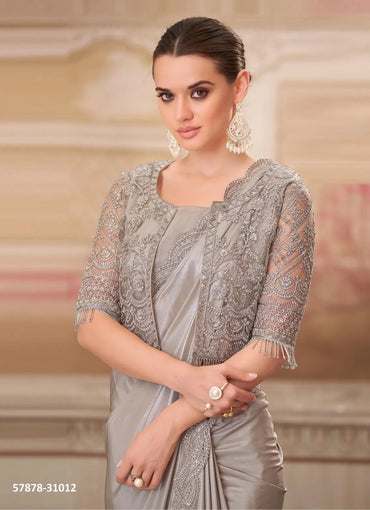 Silver Gray Satin Silk Embroidered Party-Wear Boutique-Style Saree