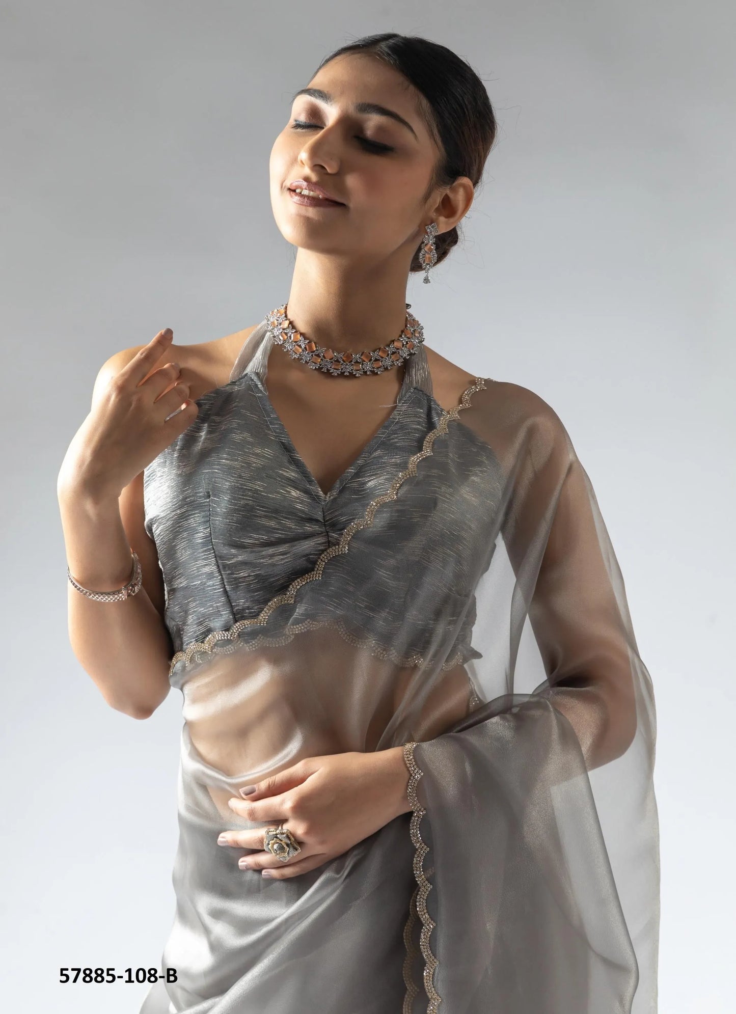 Silver Gray Organza Zarkan-Work Evening-Wear Ready-To-Wear Saree
