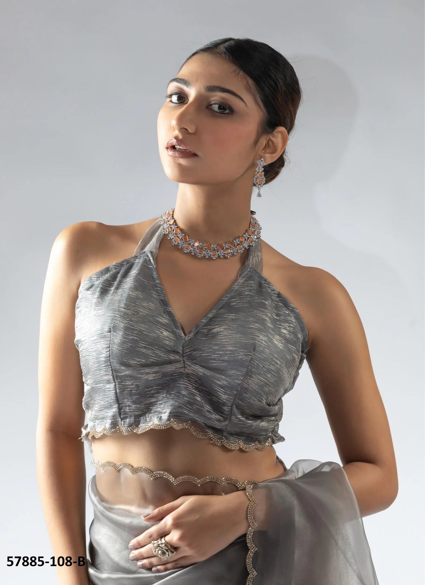 Silver Gray Organza Zarkan-Work Evening-Wear Ready-To-Wear Saree