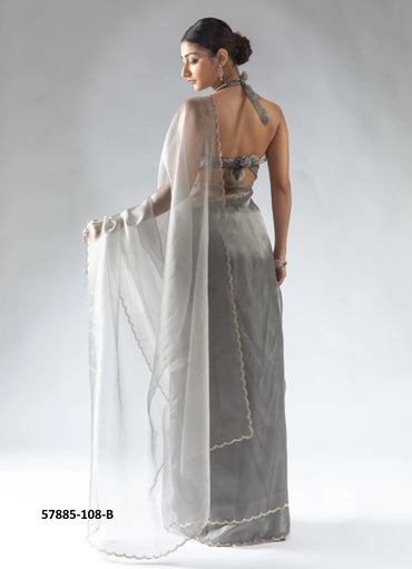 Silver Gray Organza Zarkan-Work Evening-Wear Ready-To-Wear Saree