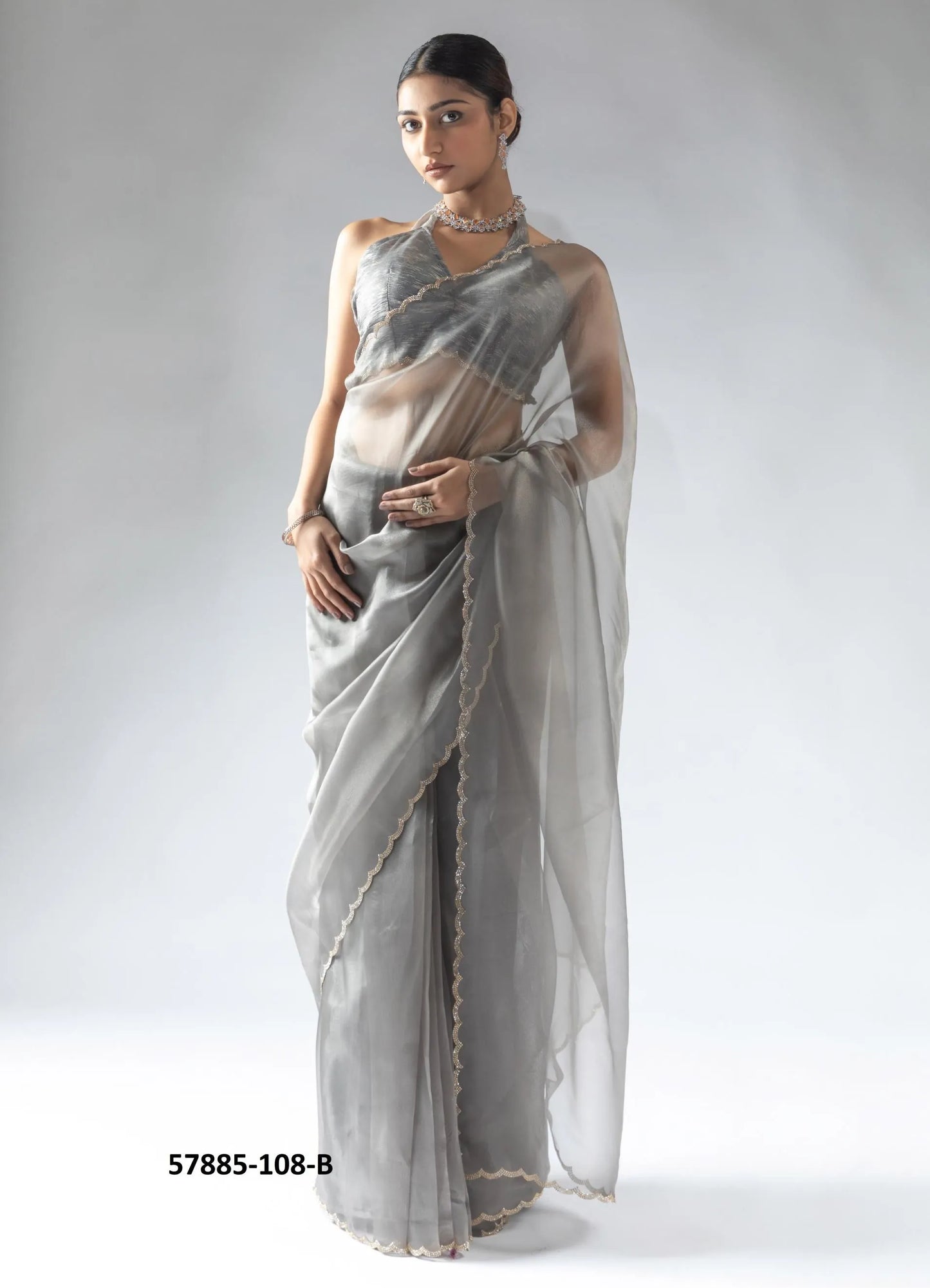 Silver Gray Organza Zarkan-Work Evening-Wear Ready-To-Wear Saree