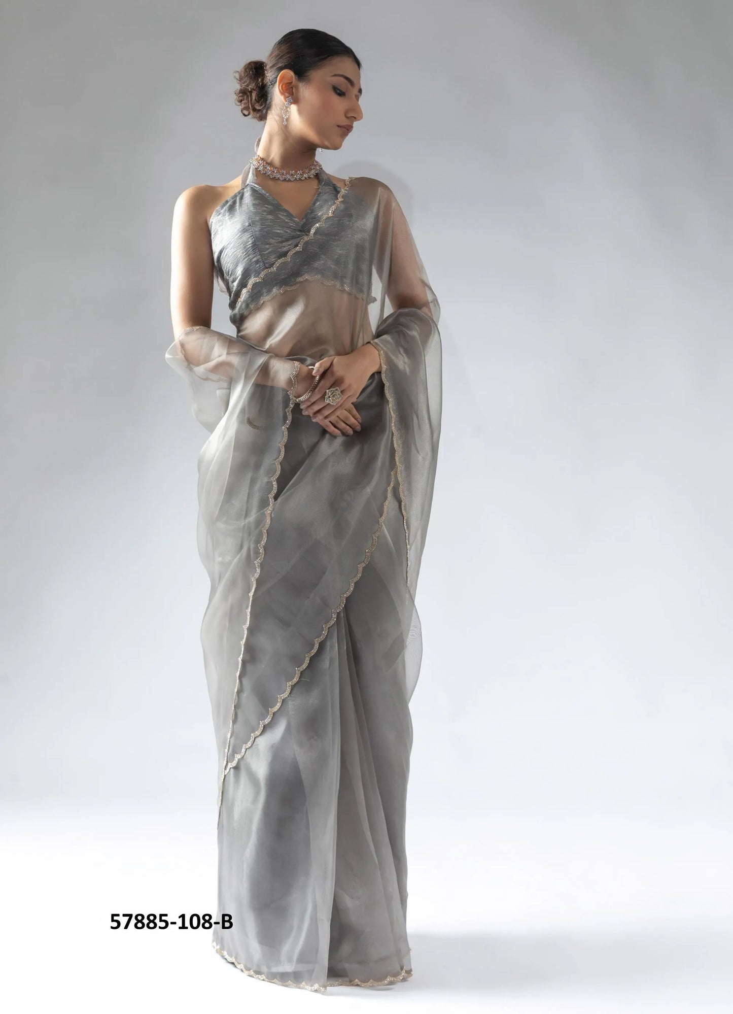 Silver Gray Organza Zarkan-Work Evening-Wear Ready-To-Wear Saree