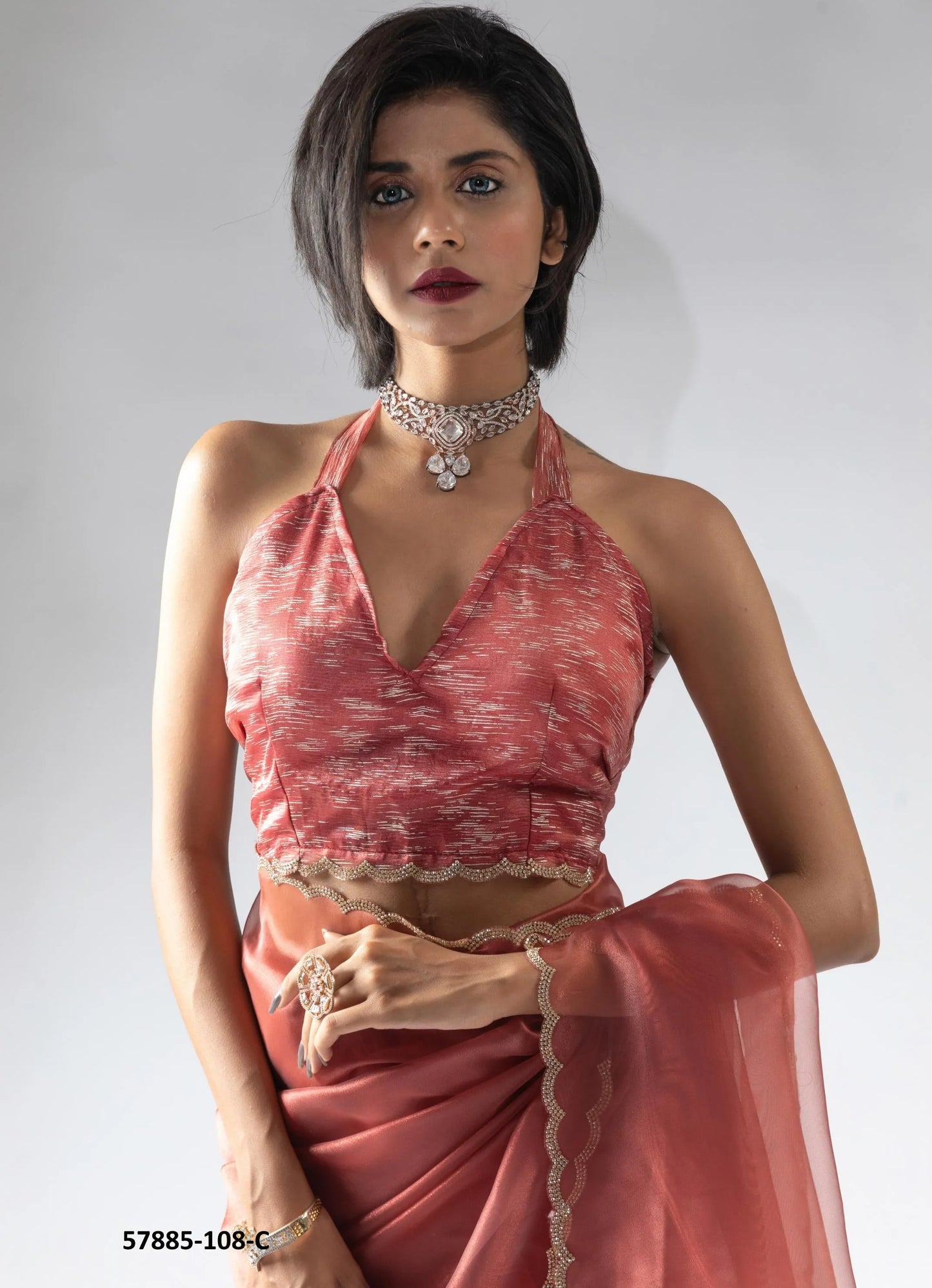 Salmon Organza Zarkan-Work Evening-Wear Ready-To-Wear Saree