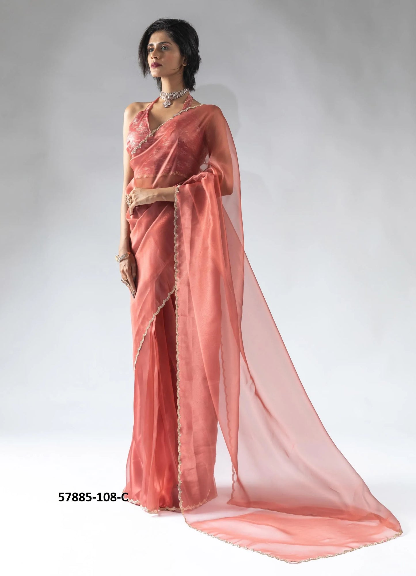 Salmon Organza Zarkan-Work Evening-Wear Ready-To-Wear Saree