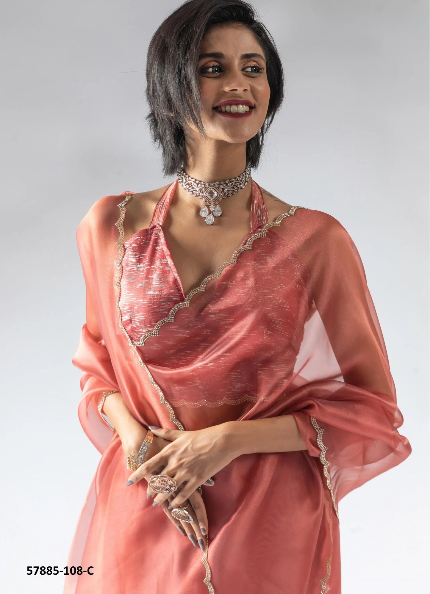 Salmon Organza Zarkan-Work Evening-Wear Ready-To-Wear Saree
