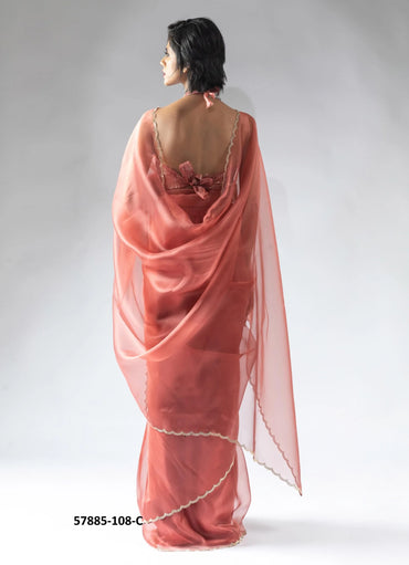 Salmon Organza Zarkan-Work Evening-Wear Ready-To-Wear Saree