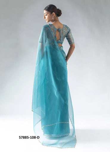 Teal Blue Organza Zarkan-Work Evening-Wear Ready-To-Wear Saree