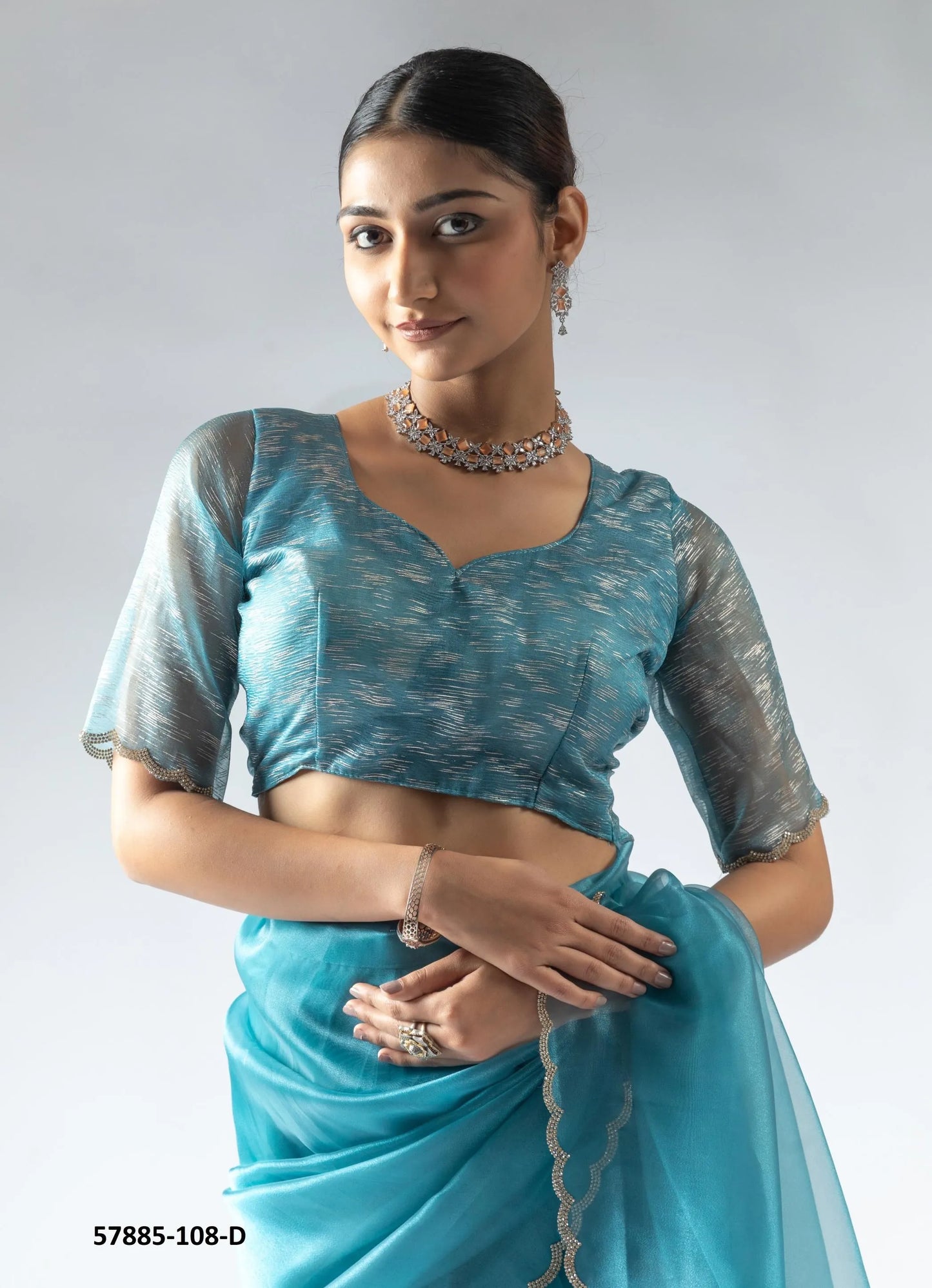 Teal Blue Organza Zarkan-Work Evening-Wear Ready-To-Wear Saree
