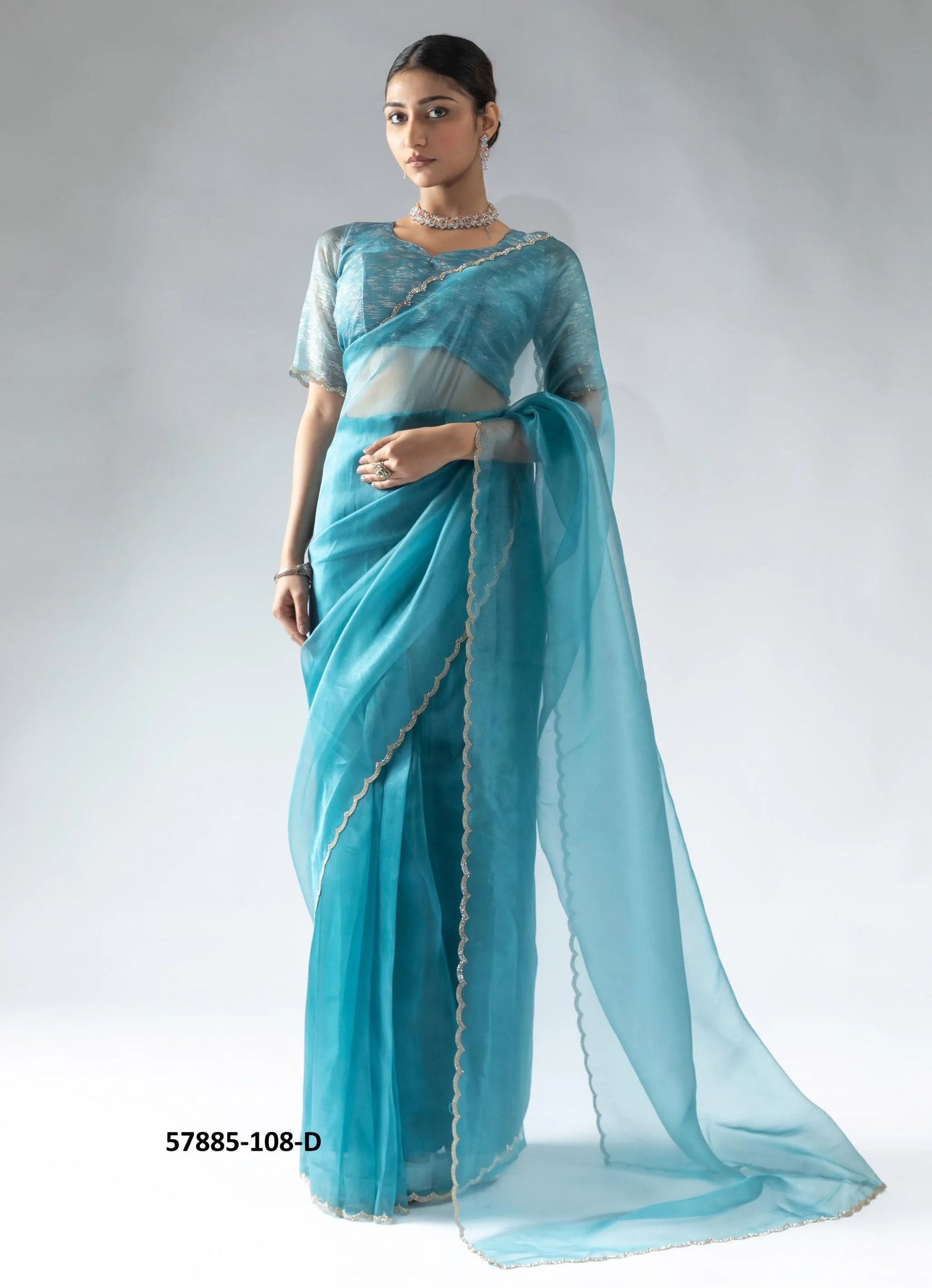 Teal Blue Organza Zarkan-Work Evening-Wear Ready-To-Wear Saree