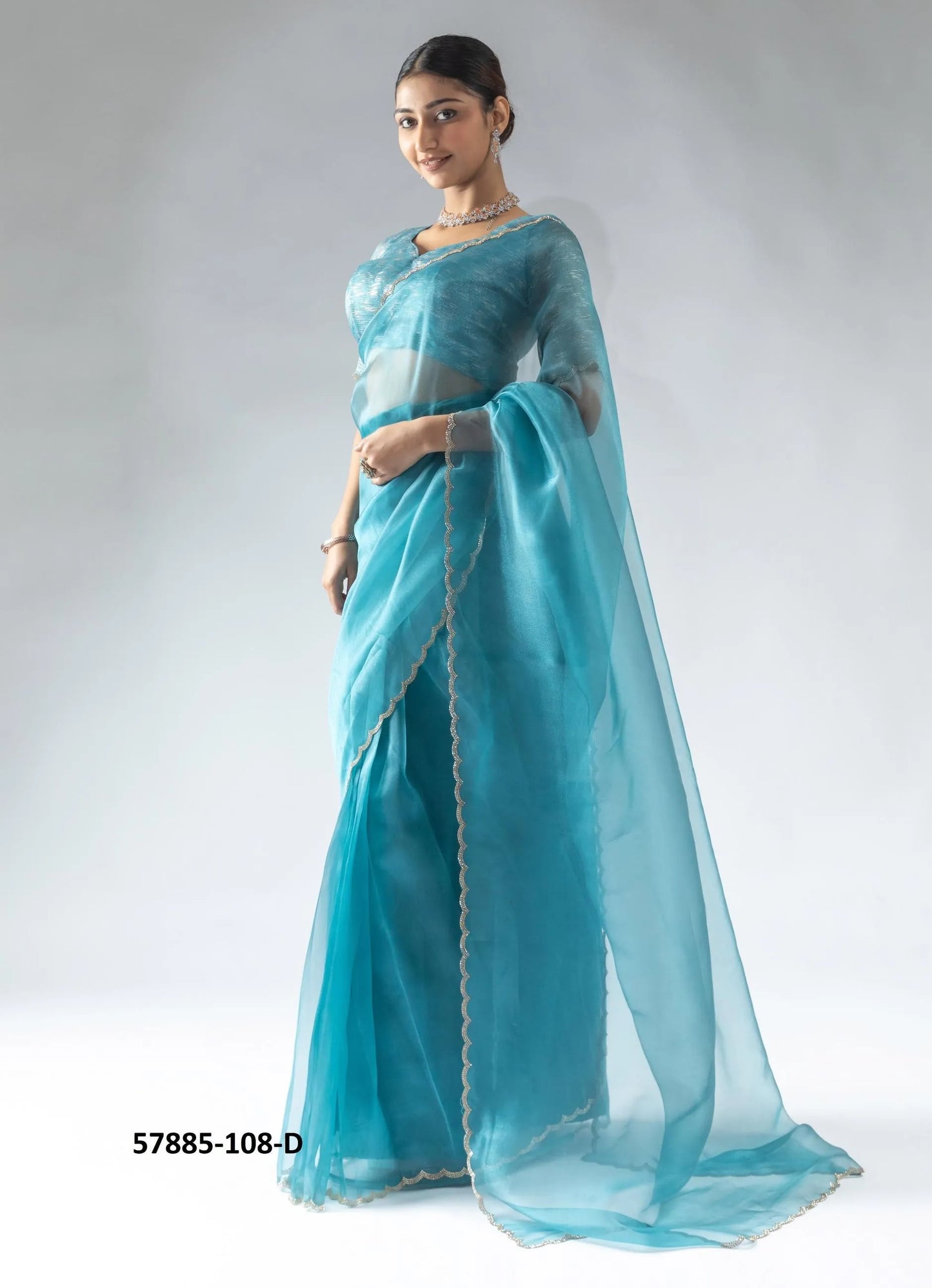 Teal Blue Organza Zarkan-Work Evening-Wear Ready-To-Wear Saree