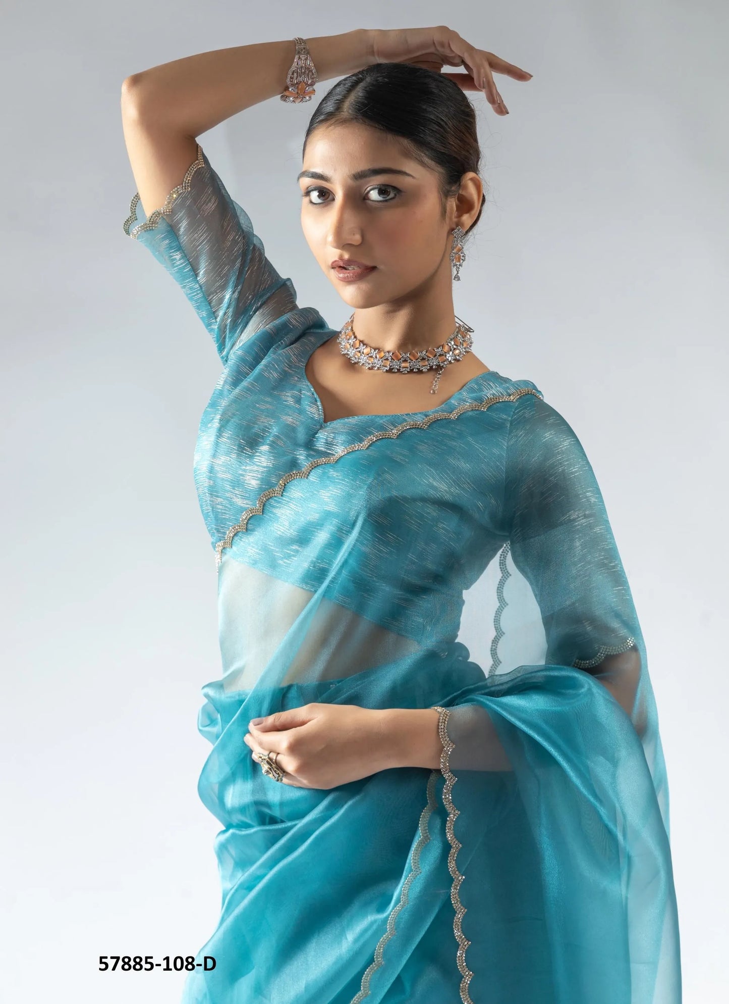 Teal Blue Organza Zarkan-Work Evening-Wear Ready-To-Wear Saree