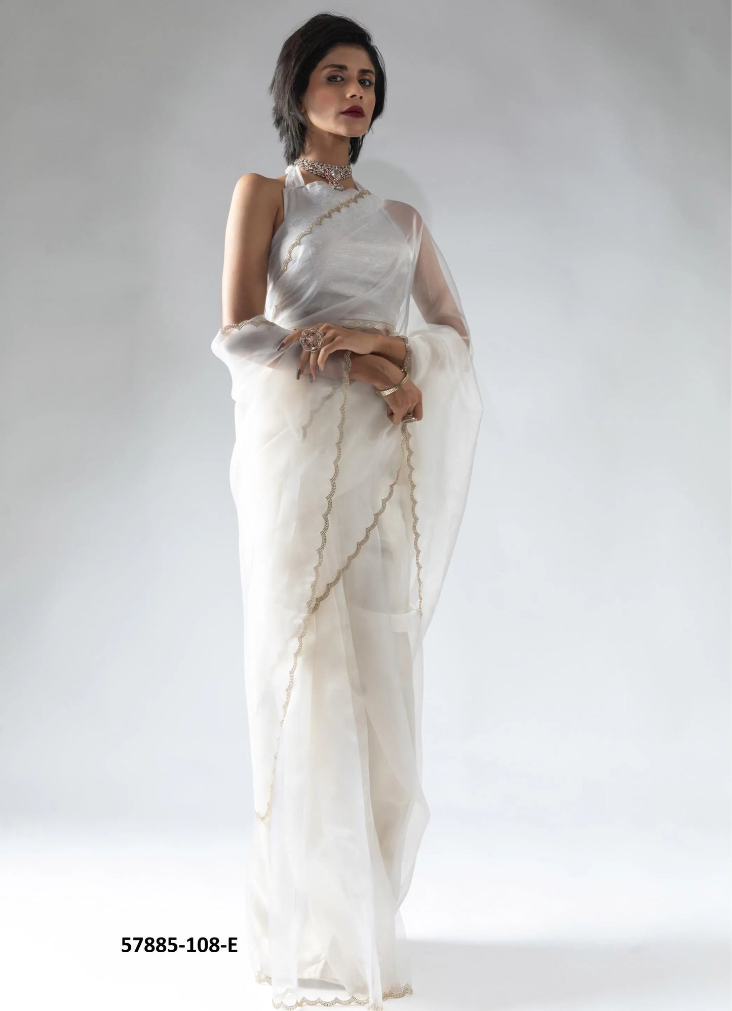 White Organza Zarkan-Work Evening-Wear Ready-To-Wear Saree