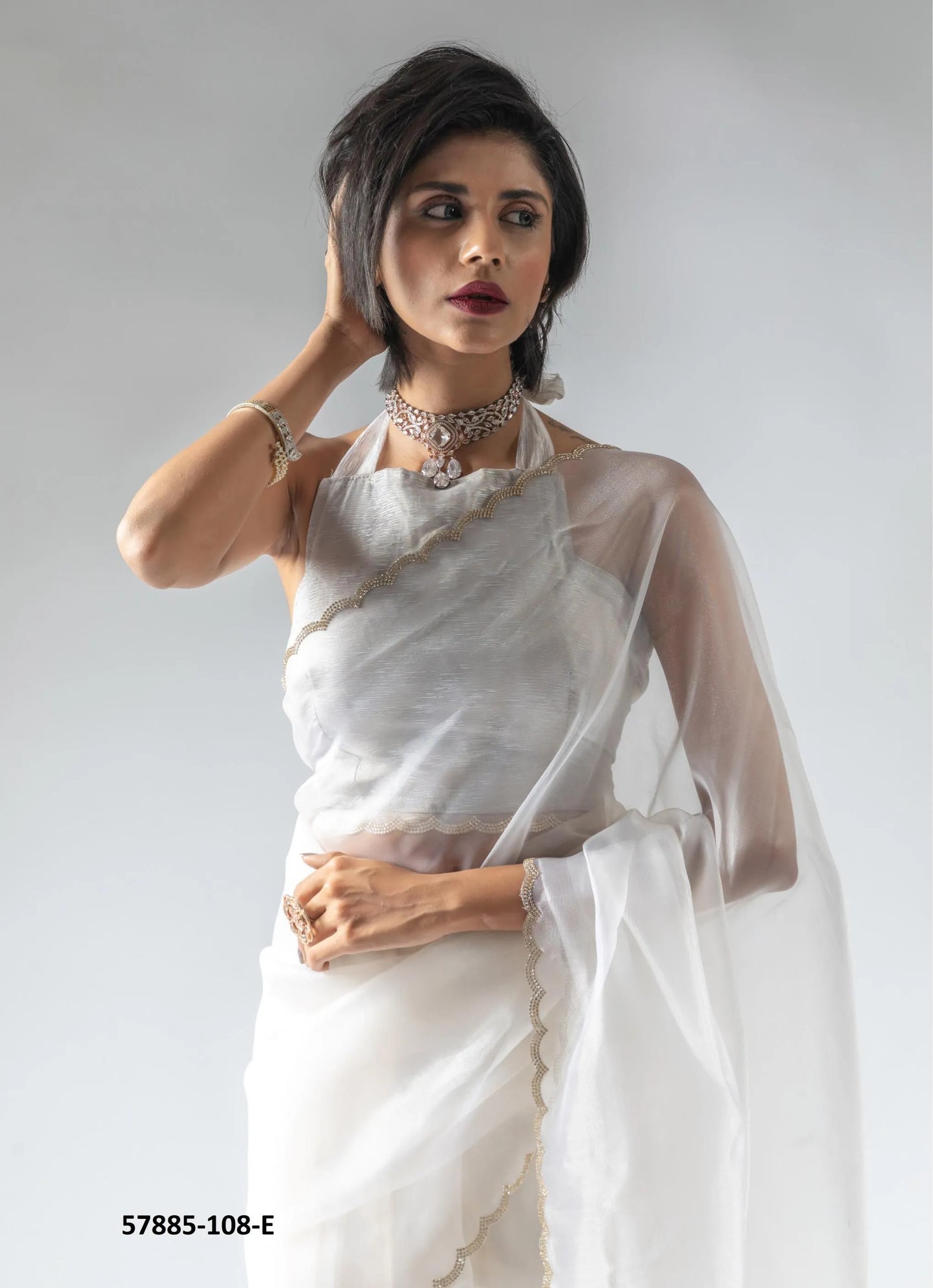 White Organza Zarkan-Work Evening-Wear Ready-To-Wear Saree