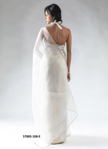 White Organza Zarkan-Work Evening-Wear Ready-To-Wear Saree