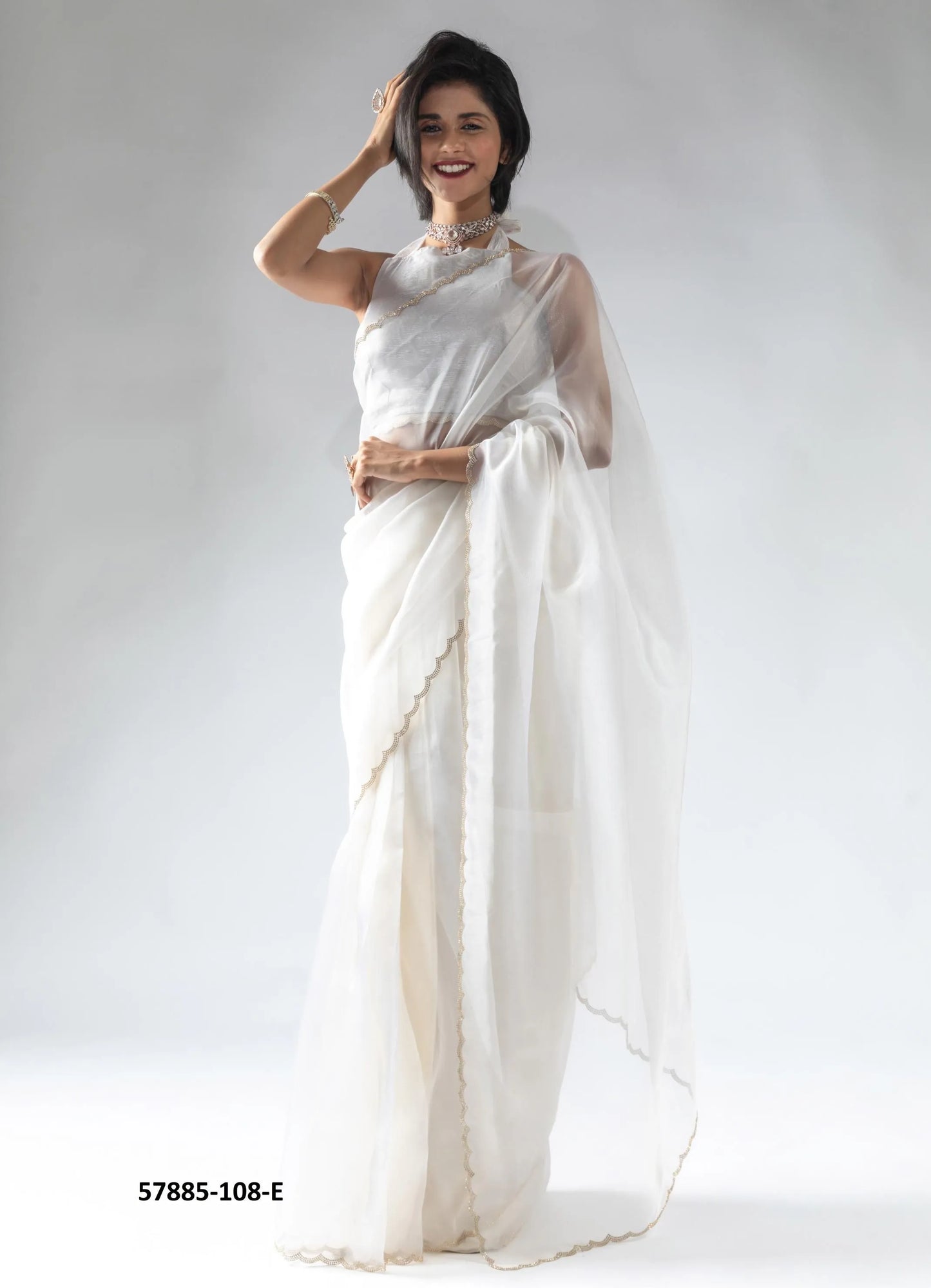 White Organza Zarkan-Work Evening-Wear Ready-To-Wear Saree