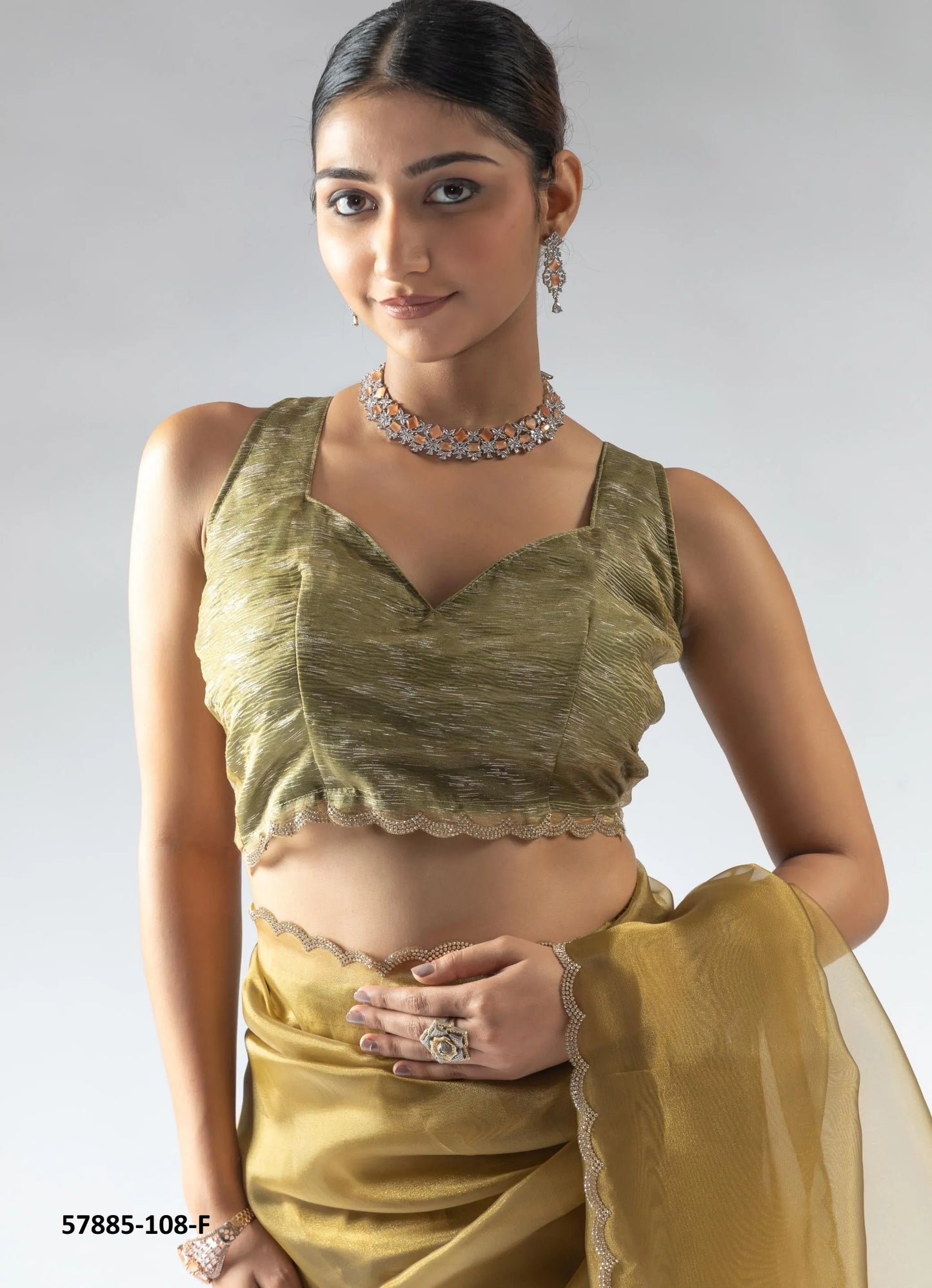 Olive Green Organza Zarkan-Work Evening-Wear Ready-To-Wear Saree
