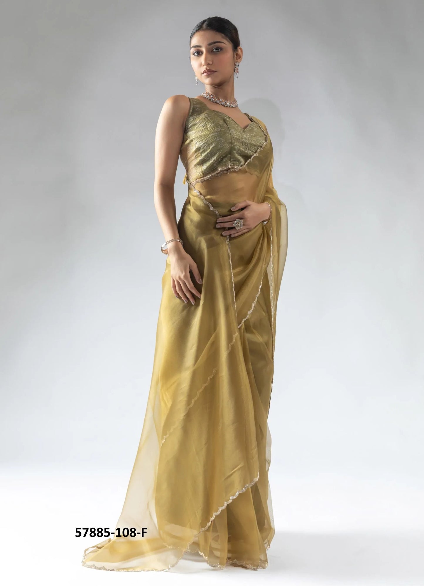 Olive Green Organza Zarkan-Work Evening-Wear Ready-To-Wear Saree