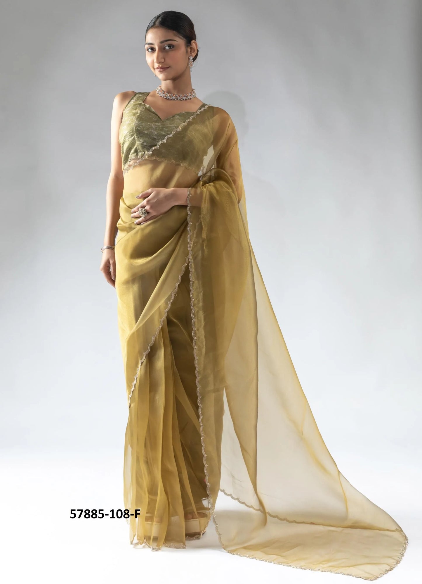 Olive Green Organza Zarkan-Work Evening-Wear Ready-To-Wear Saree