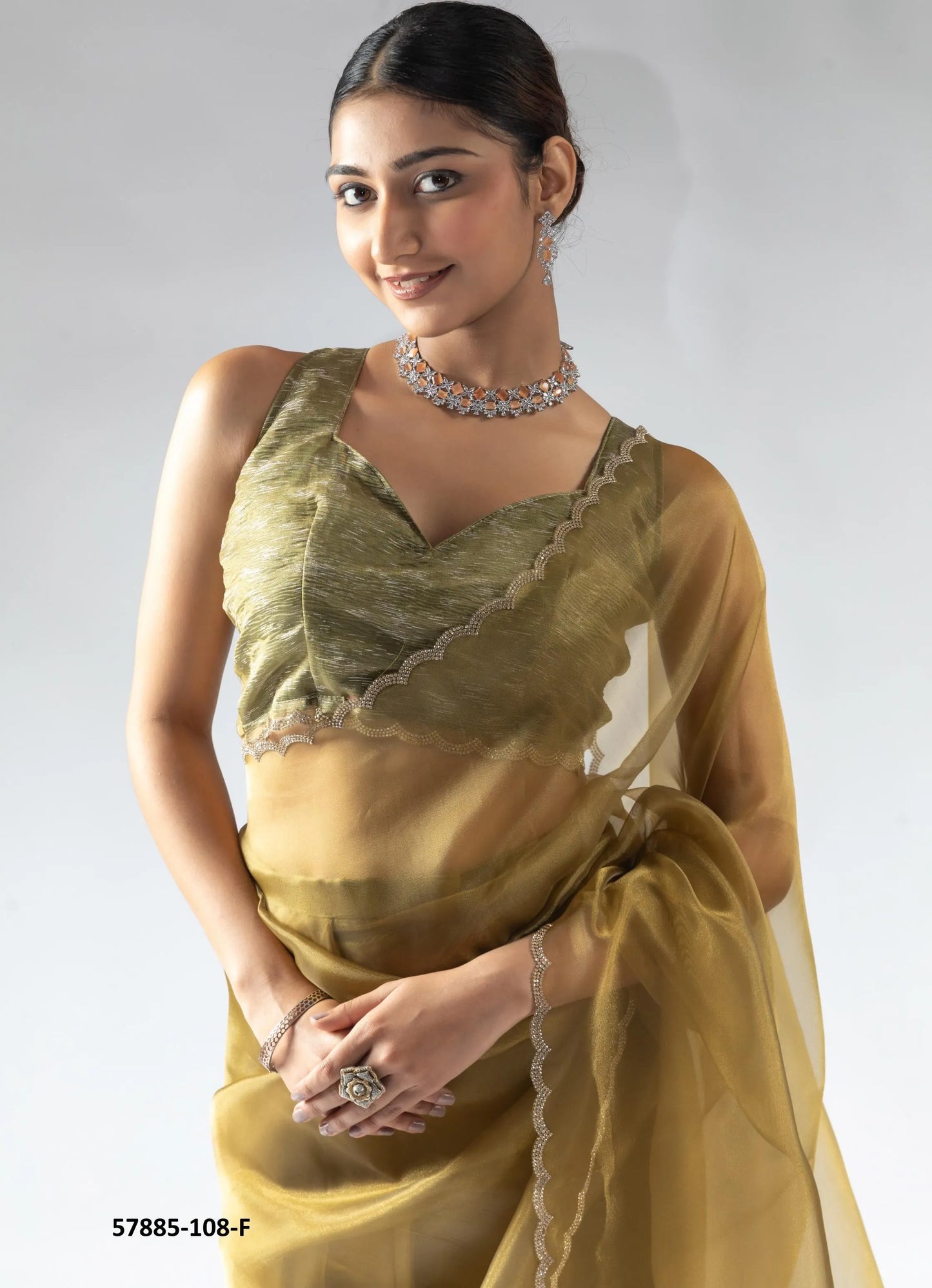 Olive Green Organza Zarkan-Work Evening-Wear Ready-To-Wear Saree