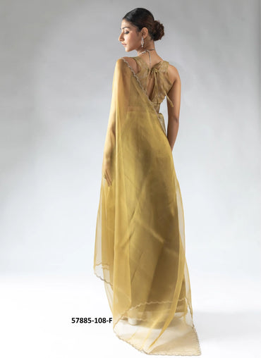 Olive Green Organza Zarkan-Work Evening-Wear Ready-To-Wear Saree