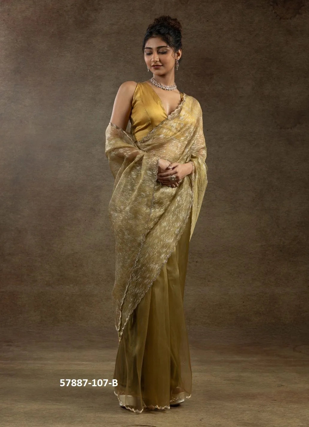 Golden Brown Organza Zarkan-Work Evening-Wear Ready-To-Wear Saree