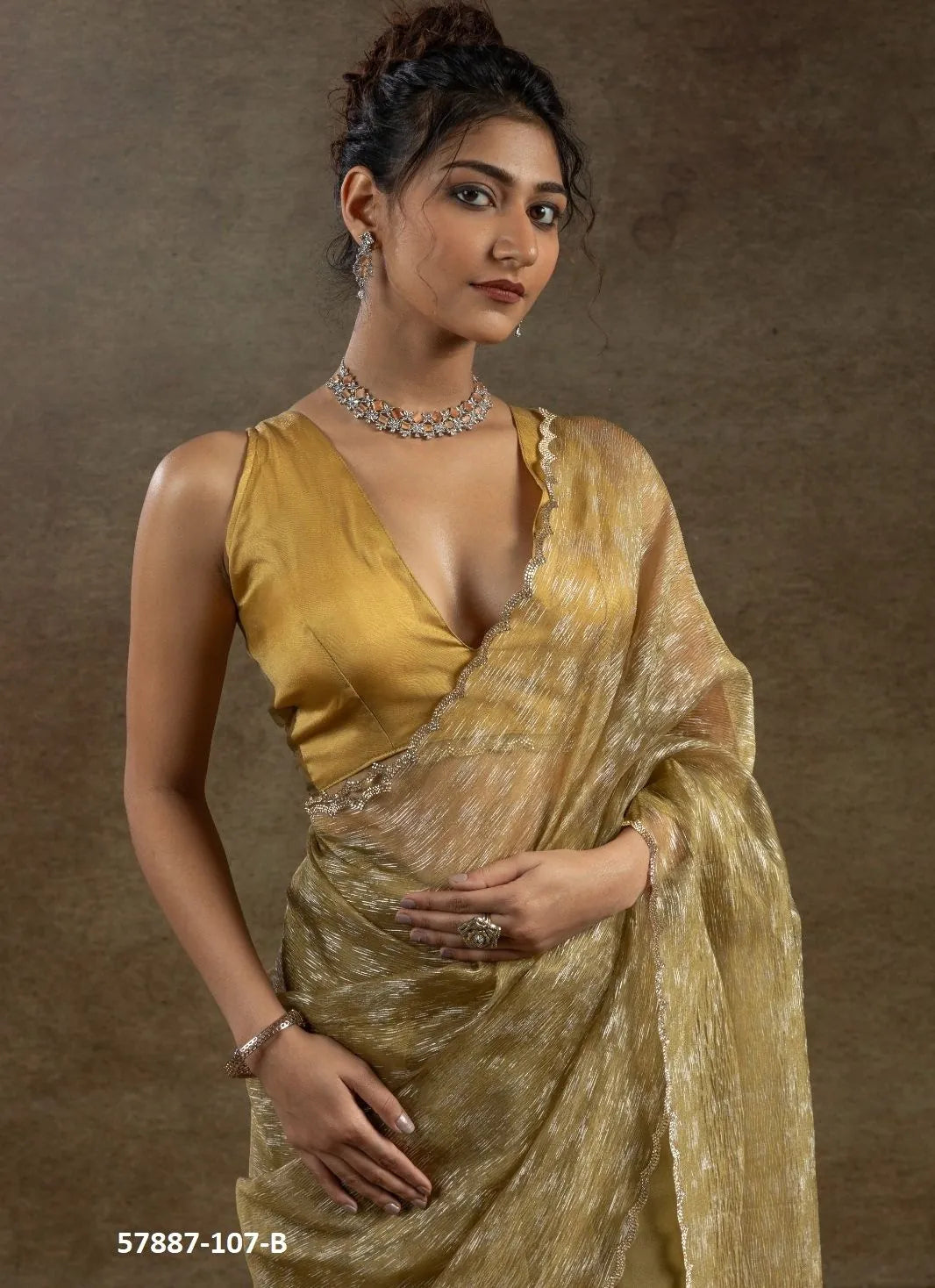 Golden Brown Organza Zarkan-Work Evening-Wear Ready-To-Wear Saree