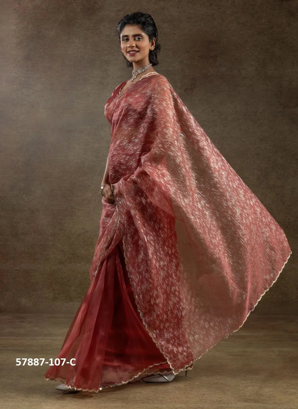 Maroon Organza Zarkan-Work Evening-Wear Ready-To-Wear Saree