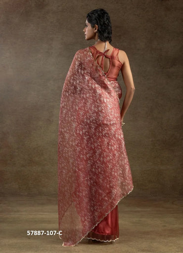 Maroon Organza Zarkan-Work Evening-Wear Ready-To-Wear Saree