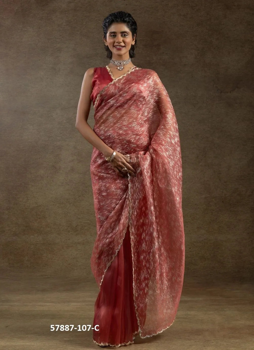 Maroon Organza Zarkan-Work Evening-Wear Ready-To-Wear Saree