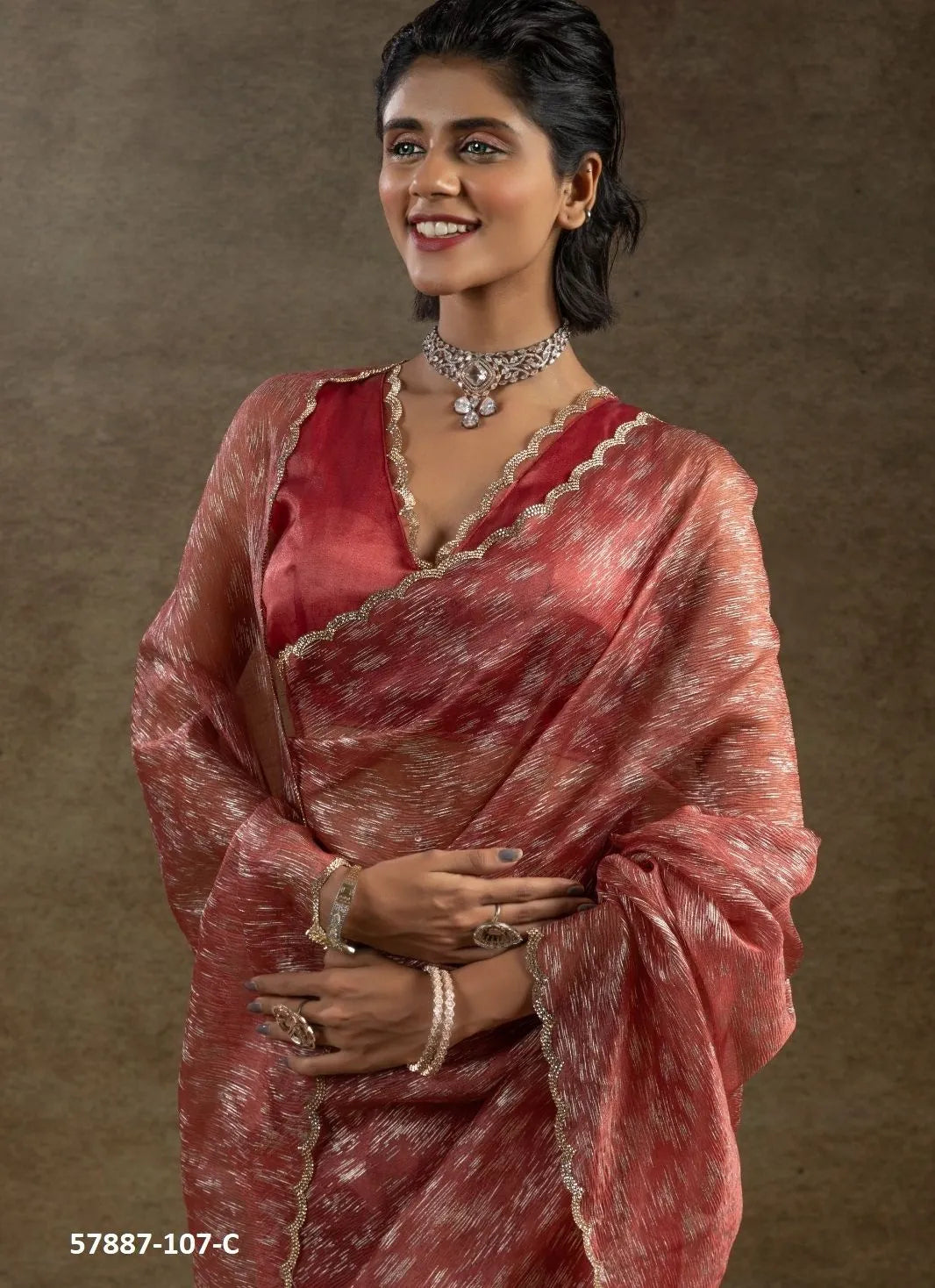 Maroon Organza Zarkan-Work Evening-Wear Ready-To-Wear Saree