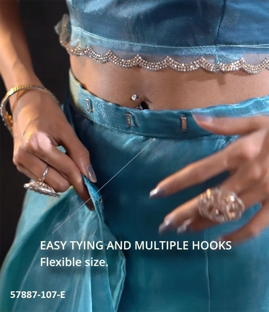 Teal Blue Organza Zarkan-Work Evening-Wear Ready-To-Wear Saree