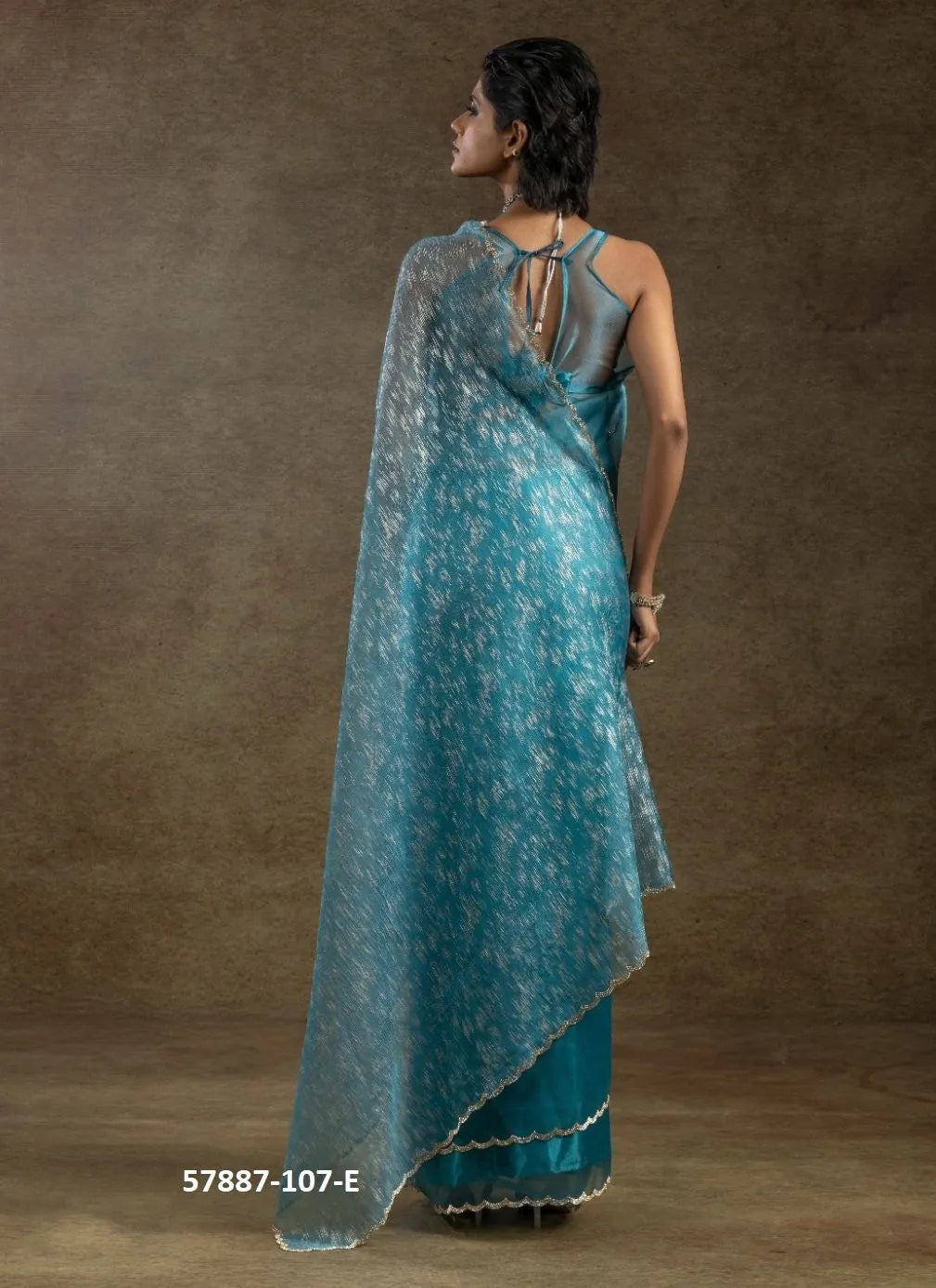 Teal Blue Organza Zarkan-Work Evening-Wear Ready-To-Wear Saree