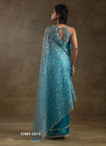 Teal Blue Organza Zarkan-Work Evening-Wear Ready-To-Wear Saree