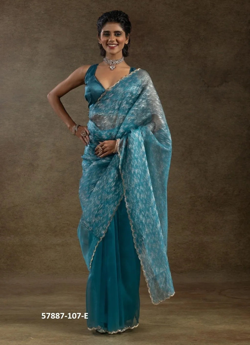 Teal Blue Organza Zarkan-Work Evening-Wear Ready-To-Wear Saree
