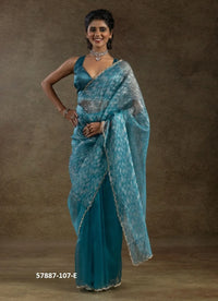 Teal Blue Organza Zarkan-Work Evening-Wear Ready-To-Wear Saree
