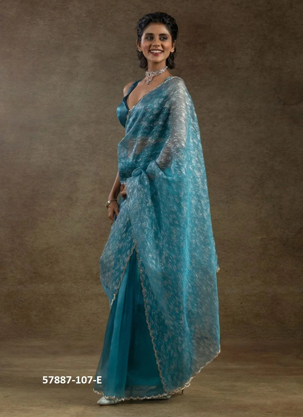 Teal Blue Organza Zarkan-Work Evening-Wear Ready-To-Wear Saree