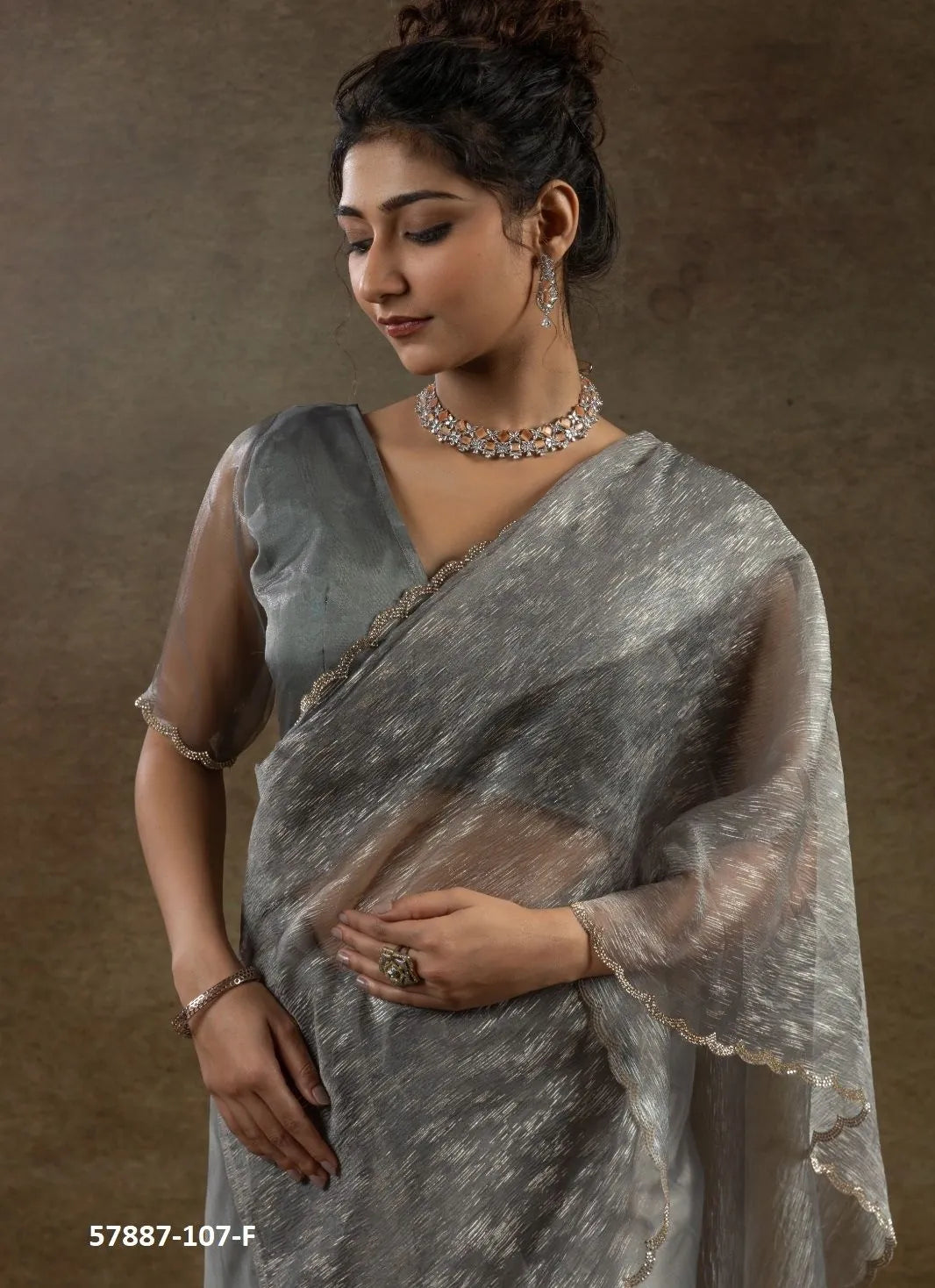Gray Organza Zarkan-Work Evening-Wear Ready-To-Wear Saree