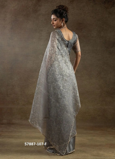 Gray Organza Zarkan-Work Evening-Wear Ready-To-Wear Saree