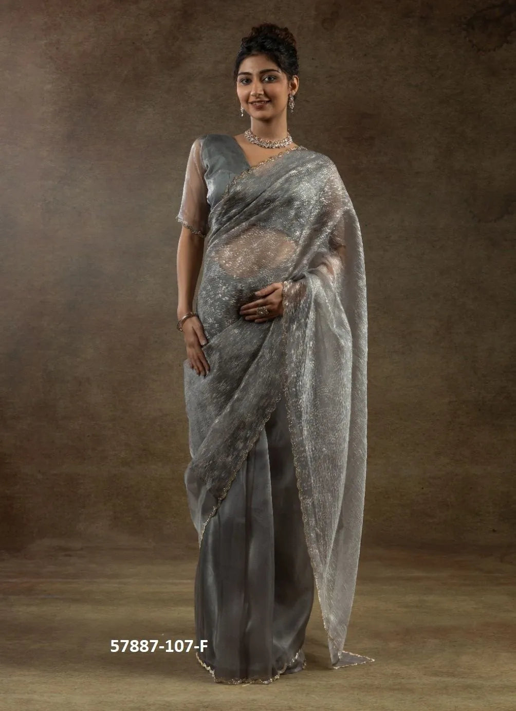 Gray Organza Zarkan-Work Evening-Wear Ready-To-Wear Saree