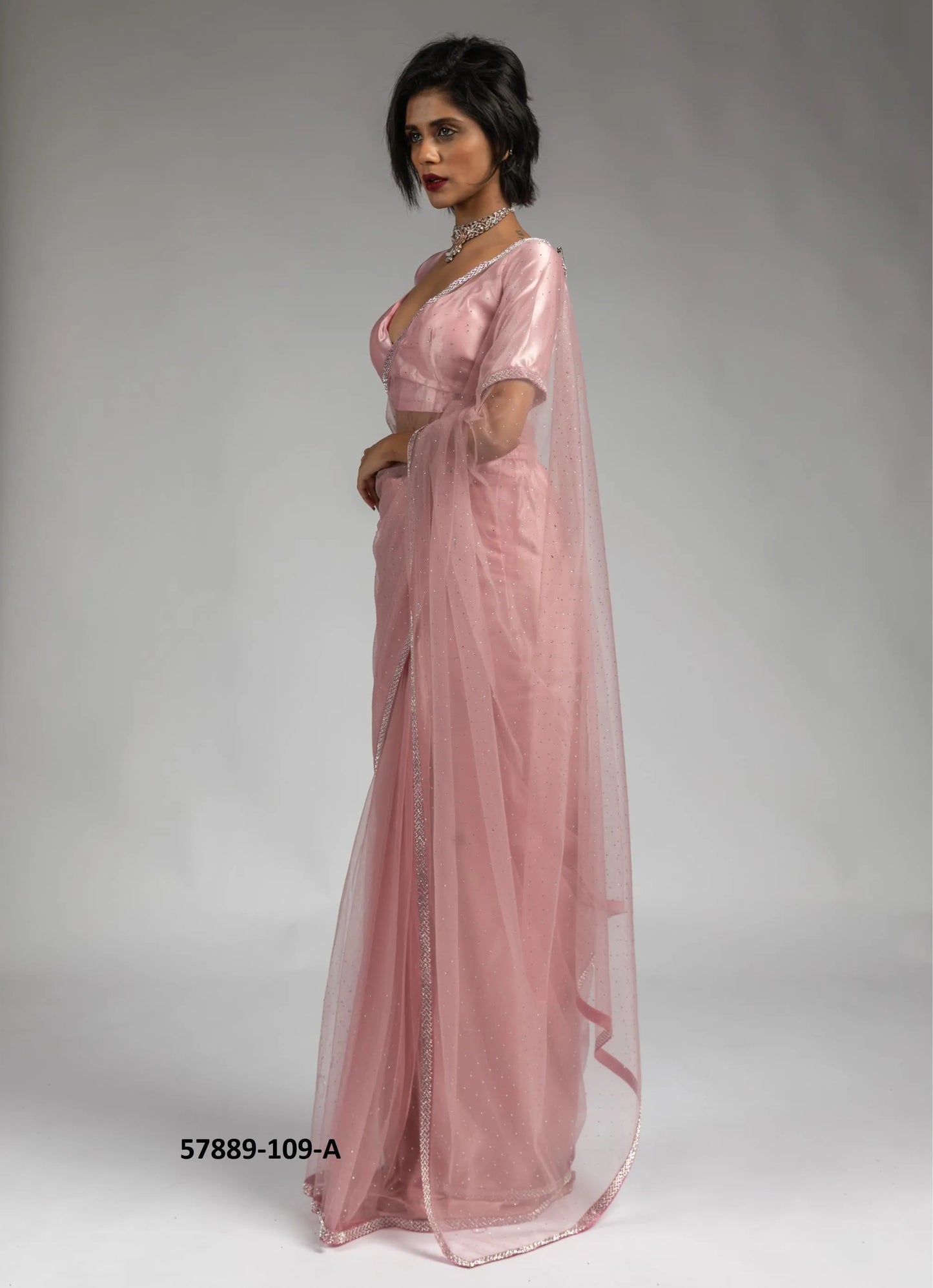 Pink Net Zarkan-Work Evening-Wear Ready-To-Wear Saree