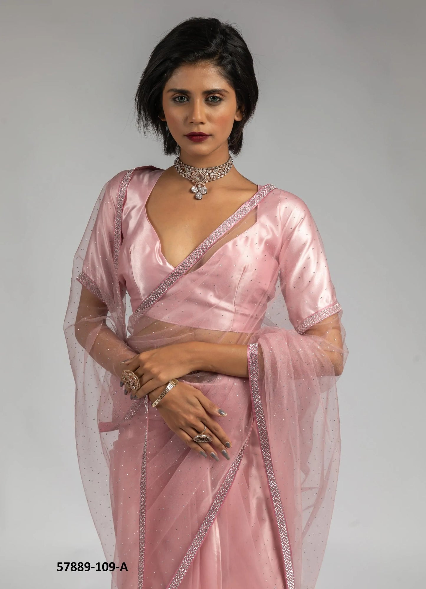 Pink Net Zarkan-Work Evening-Wear Ready-To-Wear Saree
