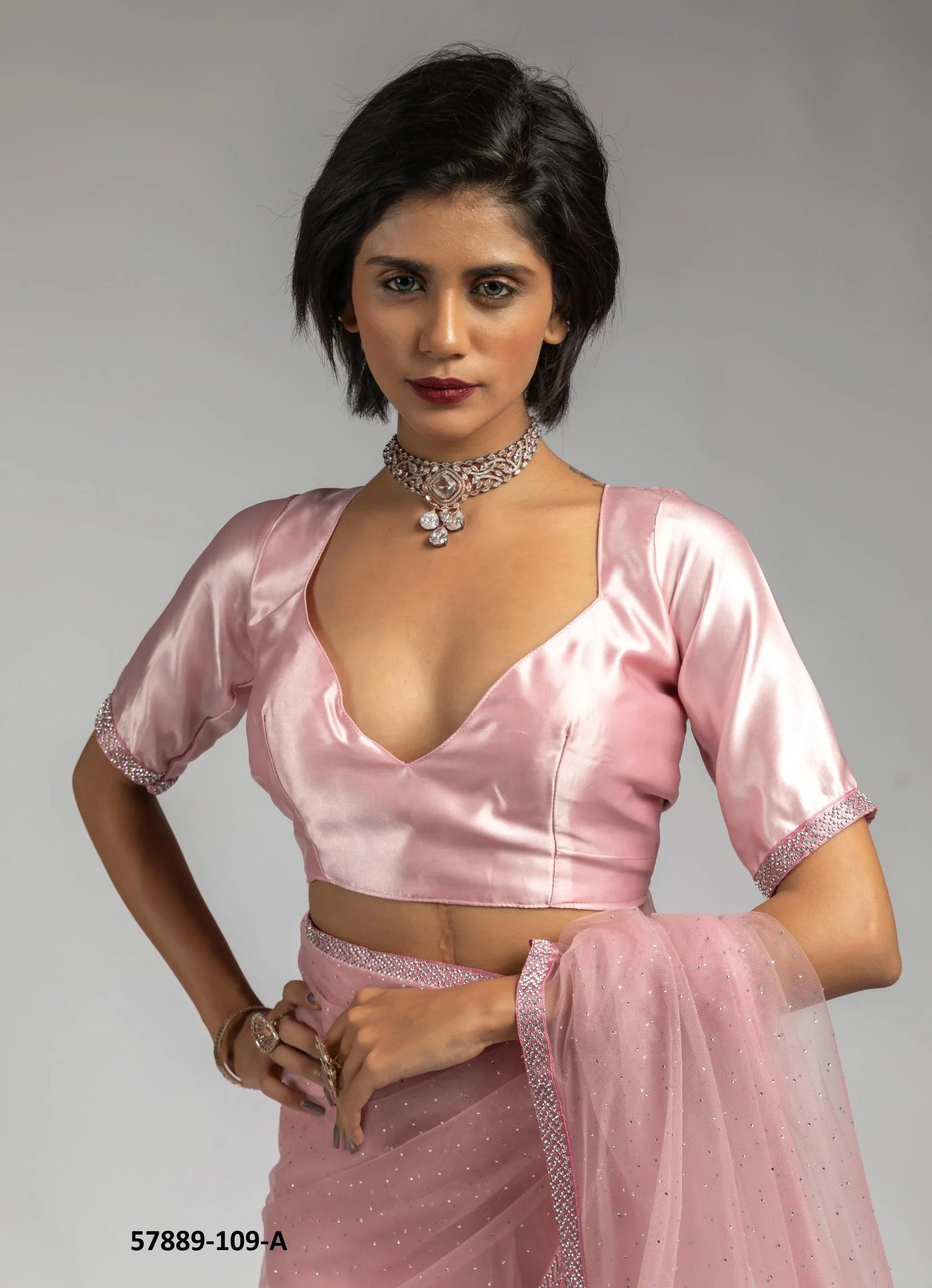 Pink Net Zarkan-Work Evening-Wear Ready-To-Wear Saree